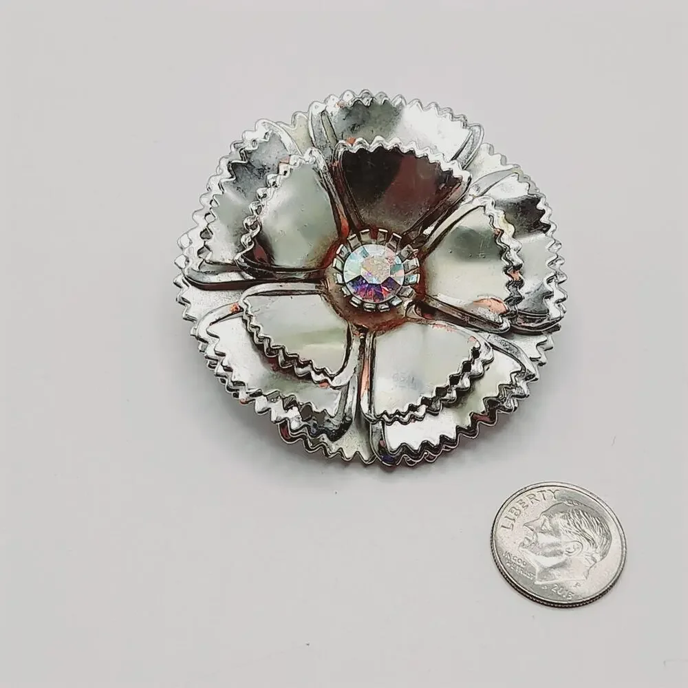 Vintage Silver Tone Flower Brooch with AB Rhinestone Center Reflective Floral